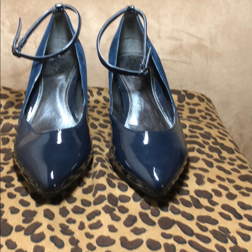 New, navy patent/suede wedges  2.5” ankle strap 10